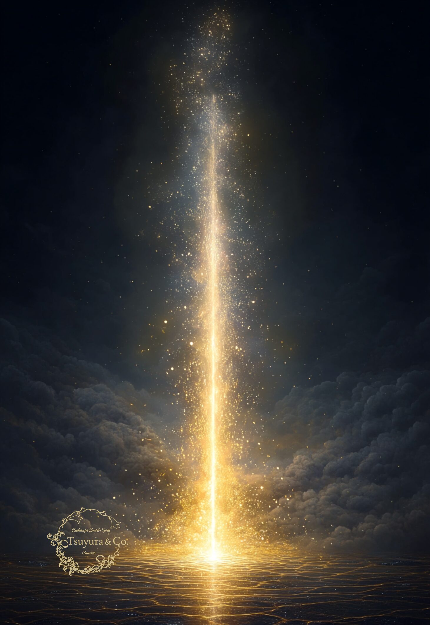 A radiant pillar of golden light descending upon a still river, evoking a quiet sense of revelation beneath the night sky