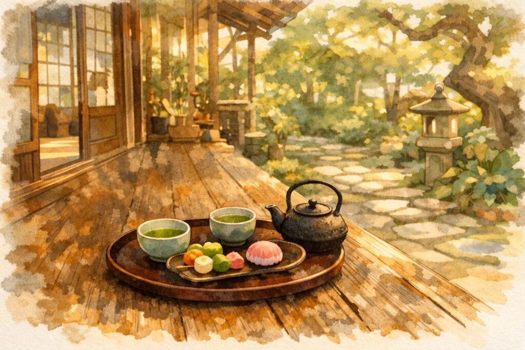 Japanese tea set with sweets on a veranda overlooking a peaceful garden