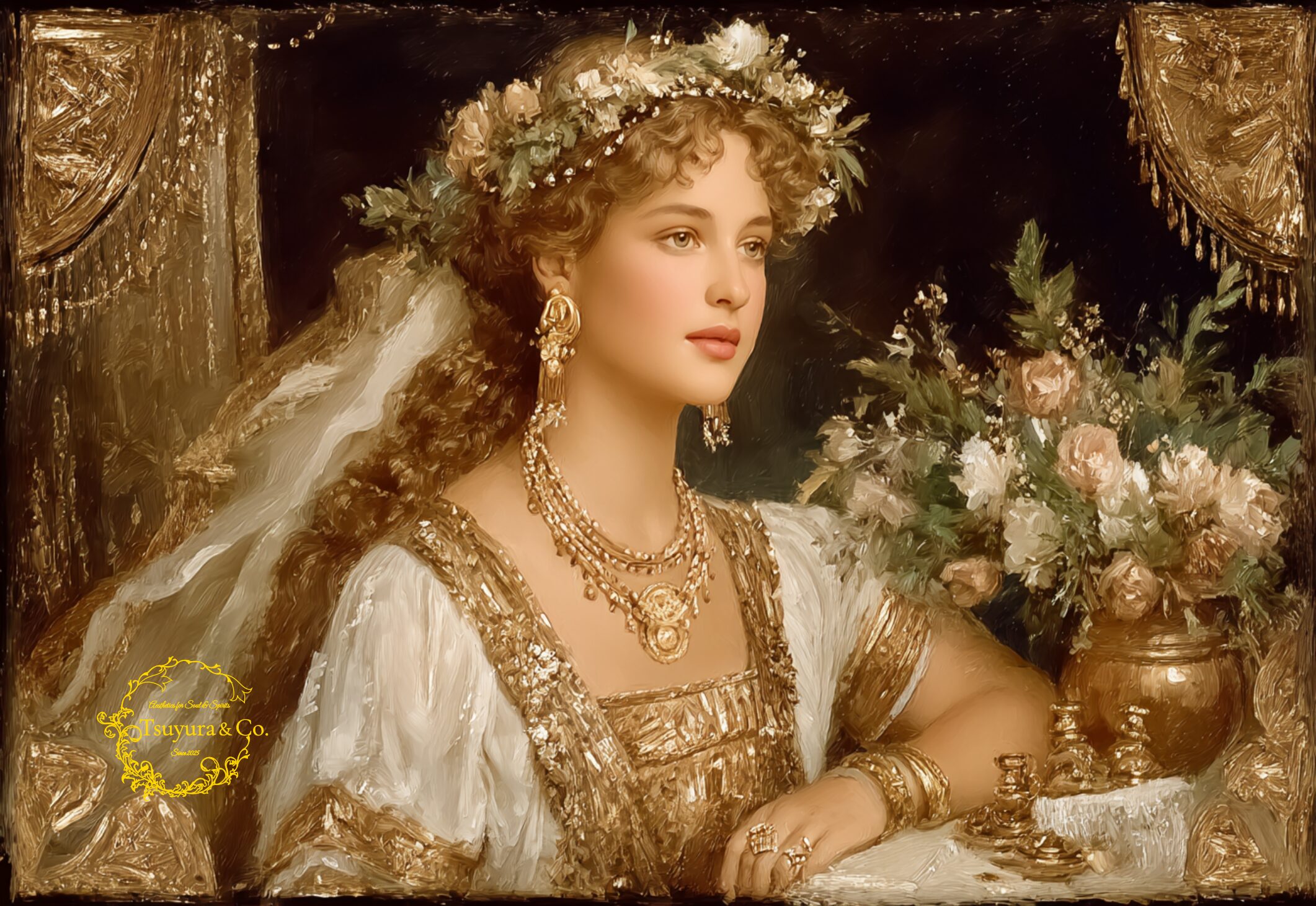Queen of Sheba in golden attire with floral crown, luminous classical portrait, Tsuyura art luminescence art style