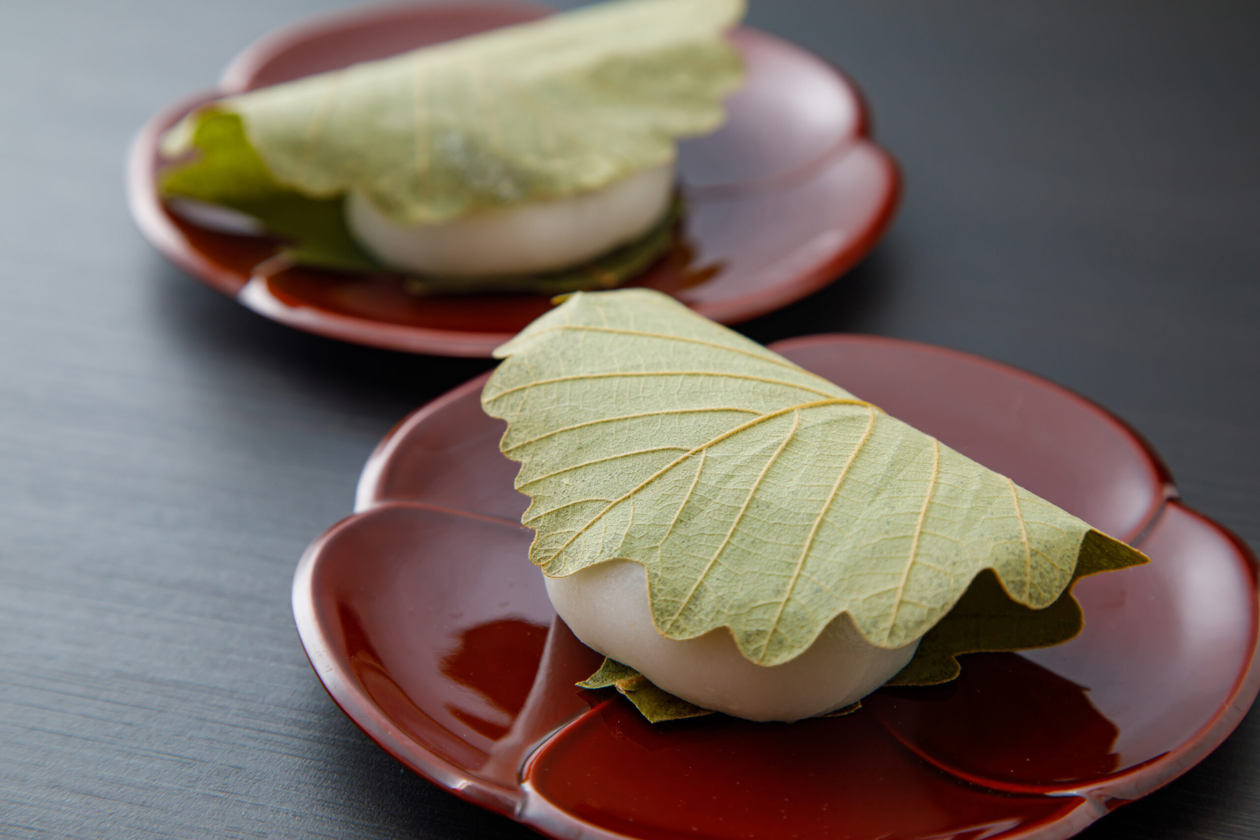 Kashiwa mochi rice cakes wrapped in oak leaves, served on a red lacquer plate in a calm Japanese setting.