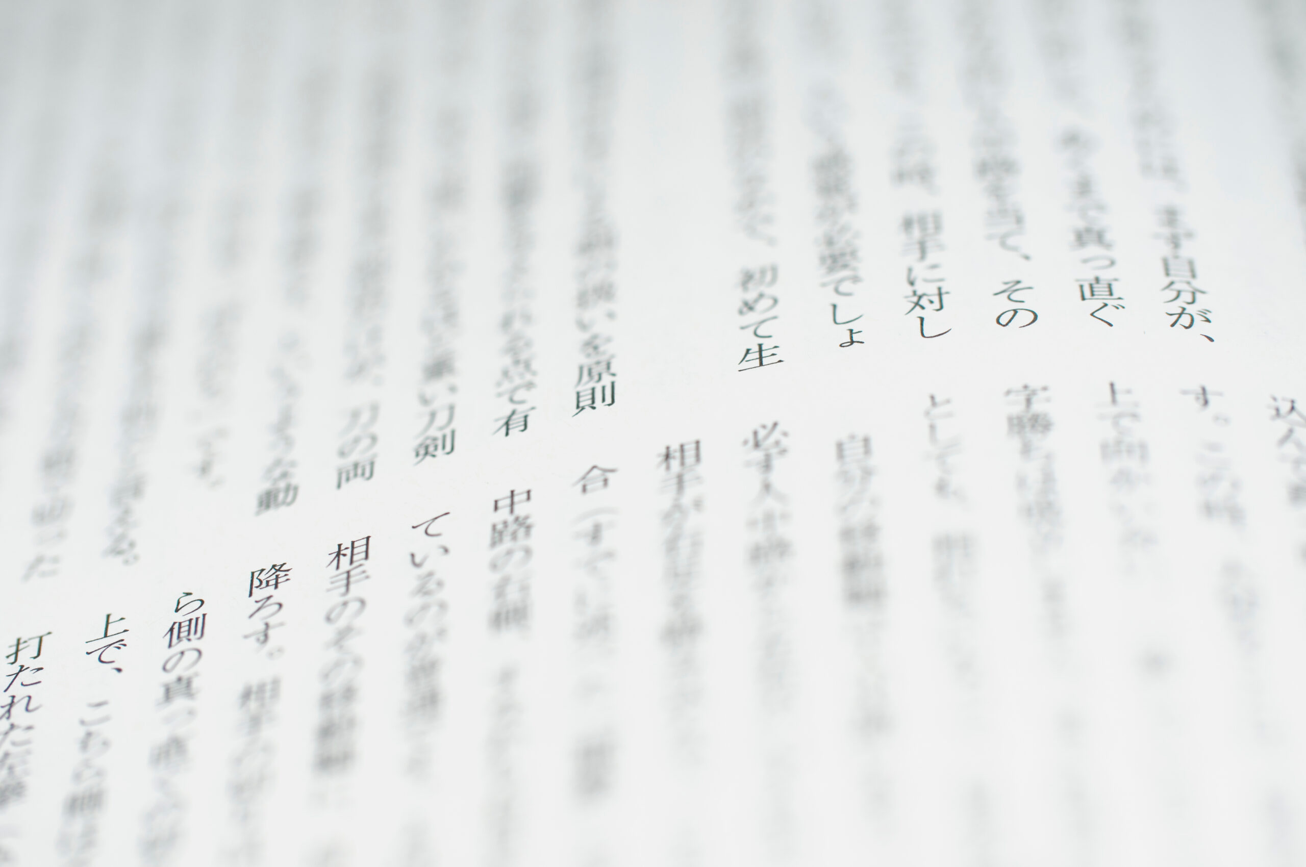 A soft-focus close-up of Japanese text on a printed page, evoking a quiet and immersive reading atmosphere.